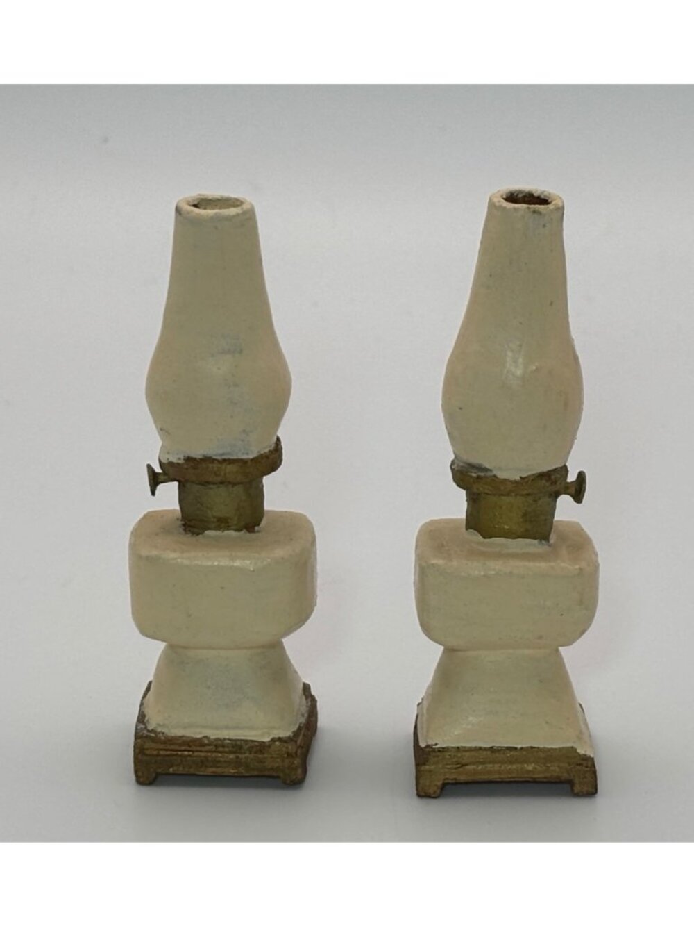 Miniature Figural Hurricane/oil lamps Salt & Pepper shakers Wooden Dollhouse